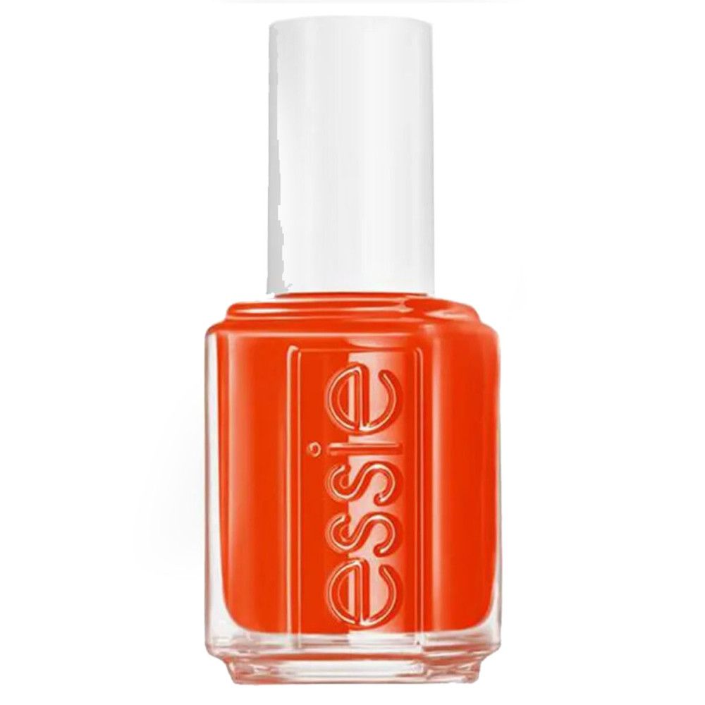 Oranje nagellakflesje met witte dop. Opschrift 'essie'.