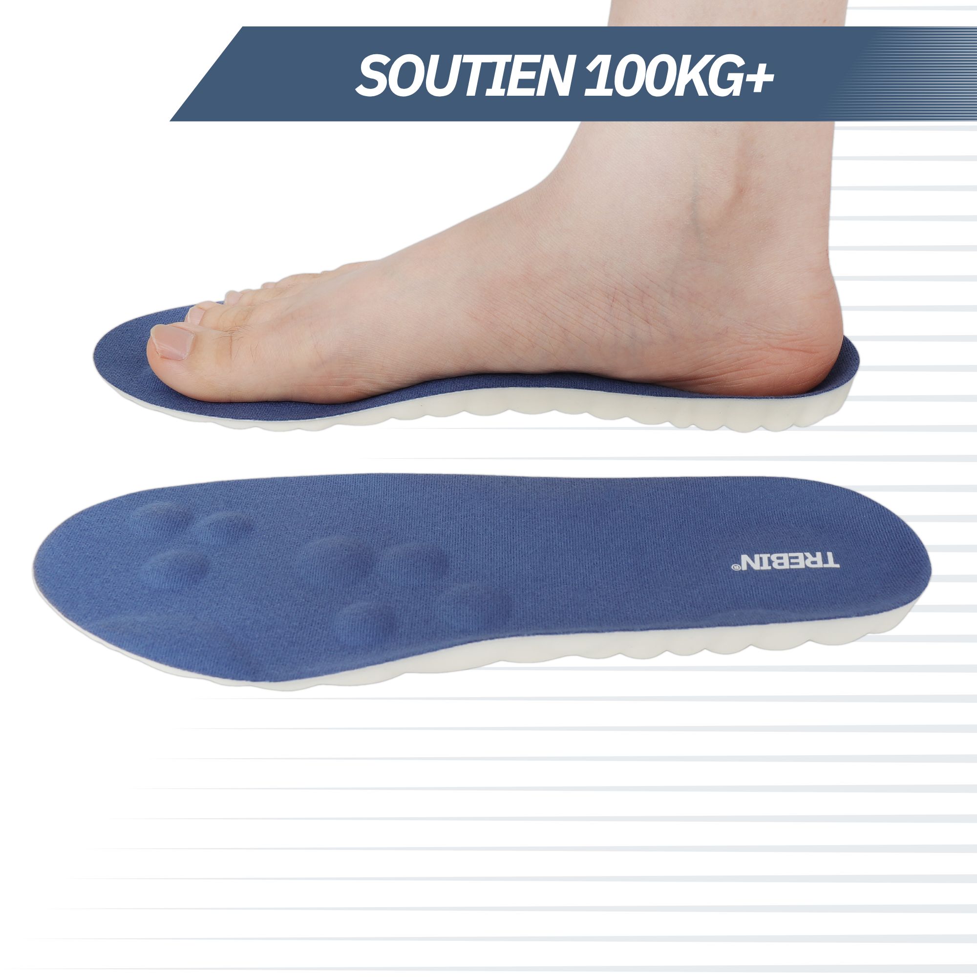 Pied avec semelle intérieure bleue supportant jusqu'à 100 kg.