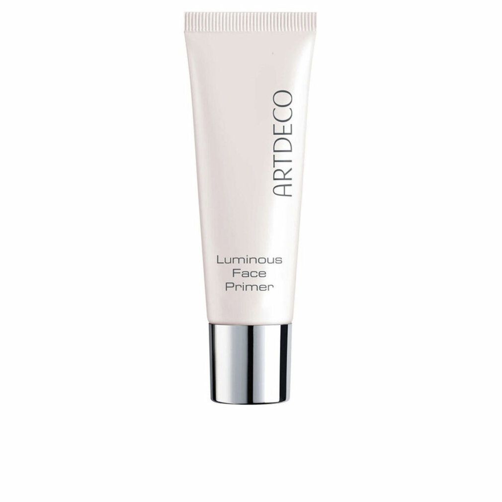 Tube de Luminous Face Primer Artdeco. Tube blanc avec bouchon argenté. Nom du produit et marque imprimés.