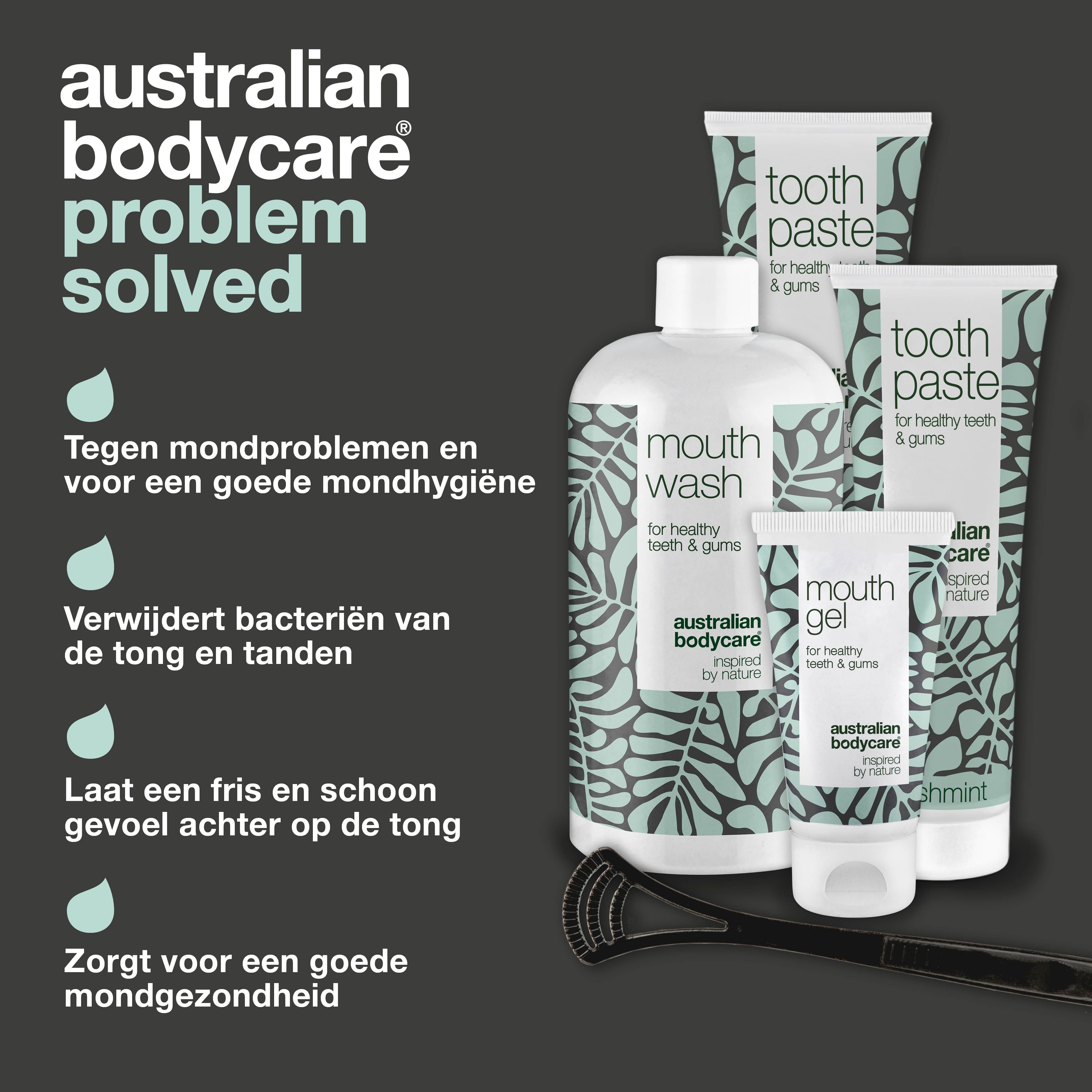 Afbeelding toont een probleem en een oplossing. Probleem: slechte adem. Oplossing: mondverzorgingsset van Australian Bodycare.