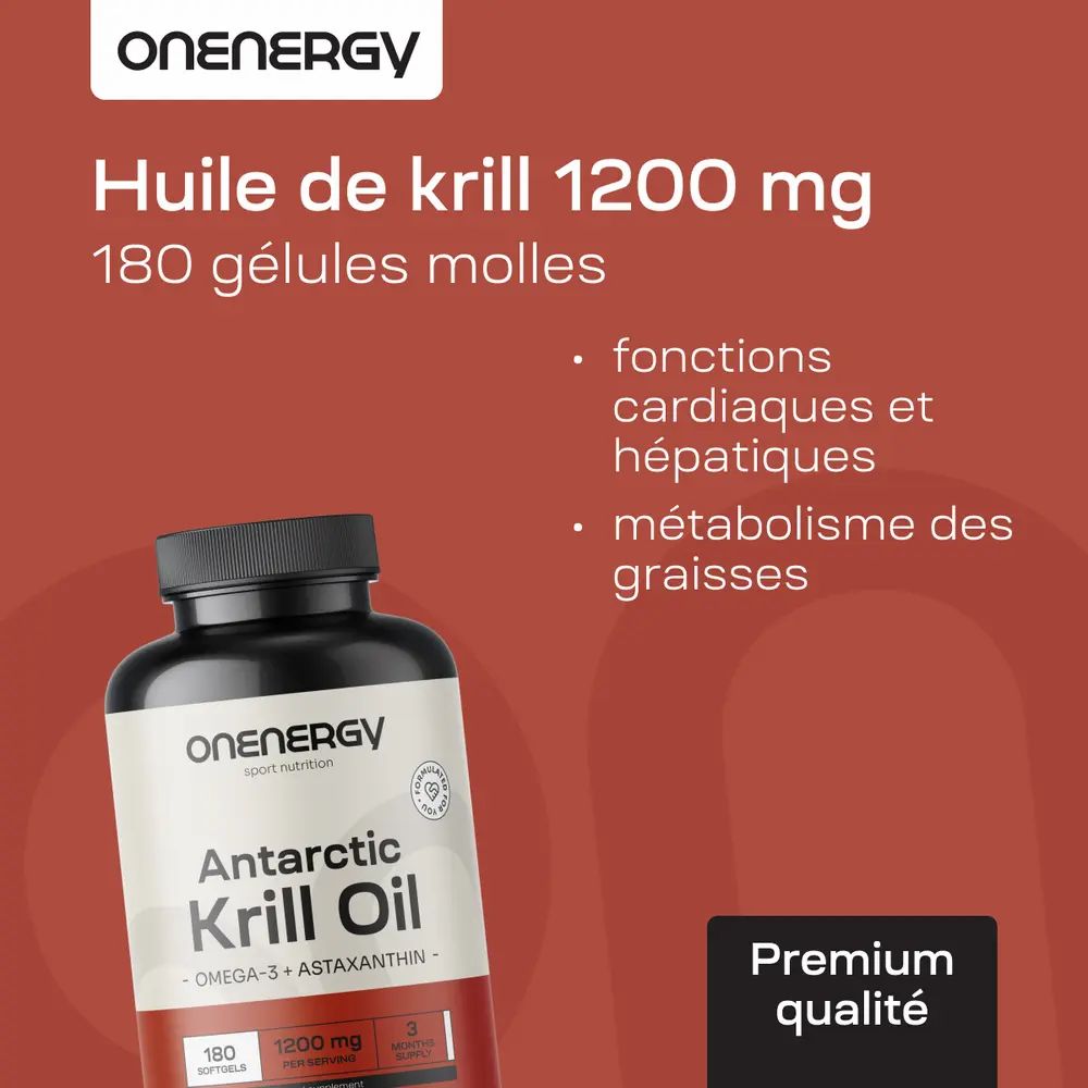Image du produit. Texte: Huile de krill 1200 mg, 180 gélules molles. Fonctions cardiaques et hépatiques, métabolisme des graisses.