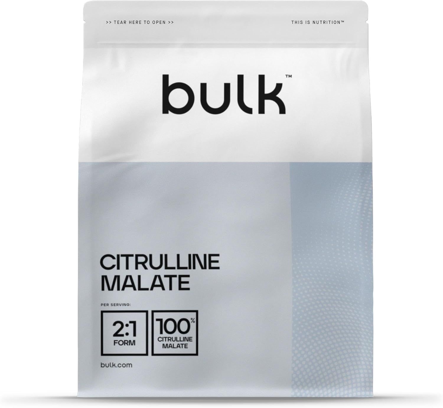 Witte zak met "bulk"-logo en "Citrulline Malate". Bevat 2:1 vorm en 100% Citrulline Malate.