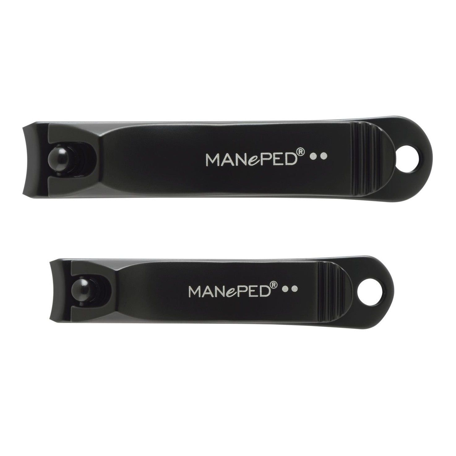 Twee zwarte nagelknippers. MANePED op elk. Gemaakt van roestvrij staal.