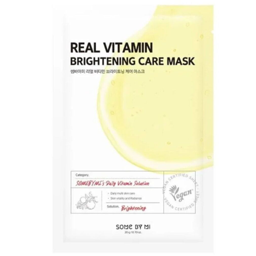 SOMEBYMI Real Vitamin Brightening Care Mask, sachet individuel avec motif citron et sceau vegan.