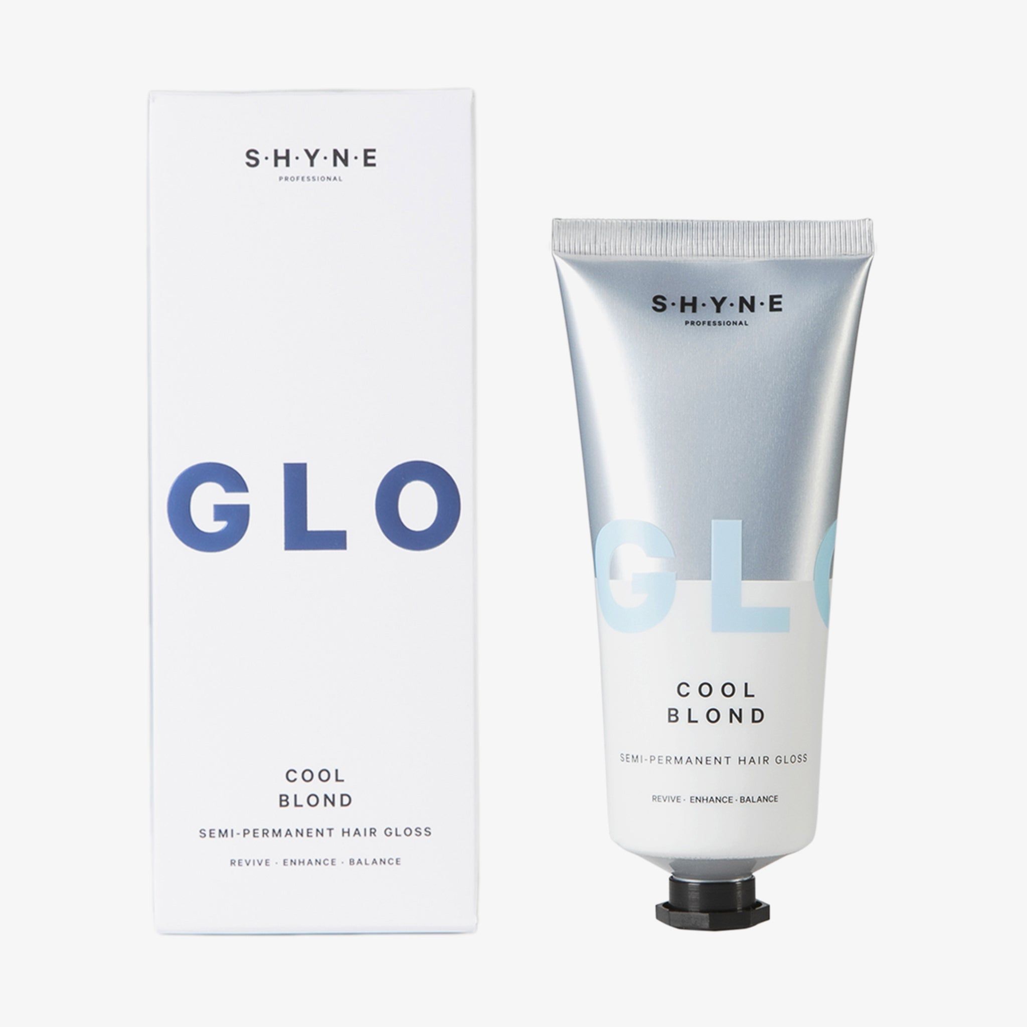 Emballage produit avec tube. Inscription: SHYNE, GLO, COOL BLOND. Désignation du produit: Semi-Permanent Hair Gloss. Emballage blanc.