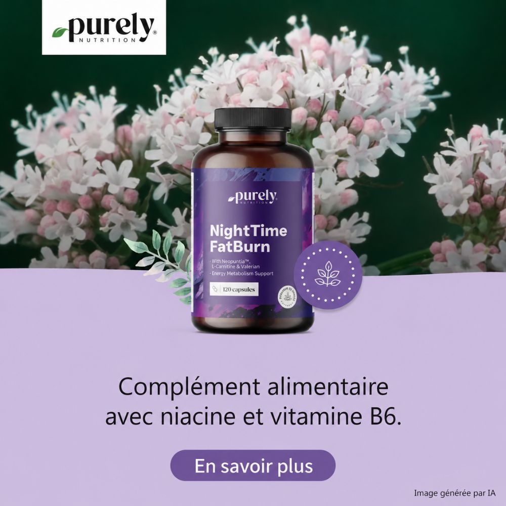 Flacon Purely NightTime FatBurn devant de la valériane en fleurs. Texte : "Complément alimentaire avec niacine et vitamine B6."