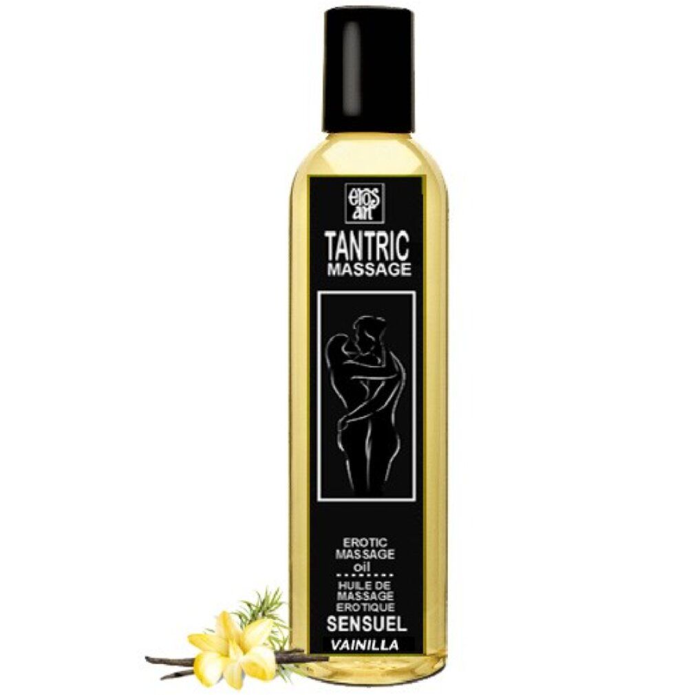 Fles tantrisch massageolie, vanille. Met afbeelding van een stel en vanillebloem.