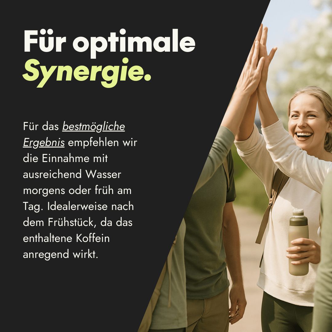 Mensen geven elkaar een high five. Tekst: Voor optimale synergie. Innemen met water 's ochtends of vroeg op de dag.