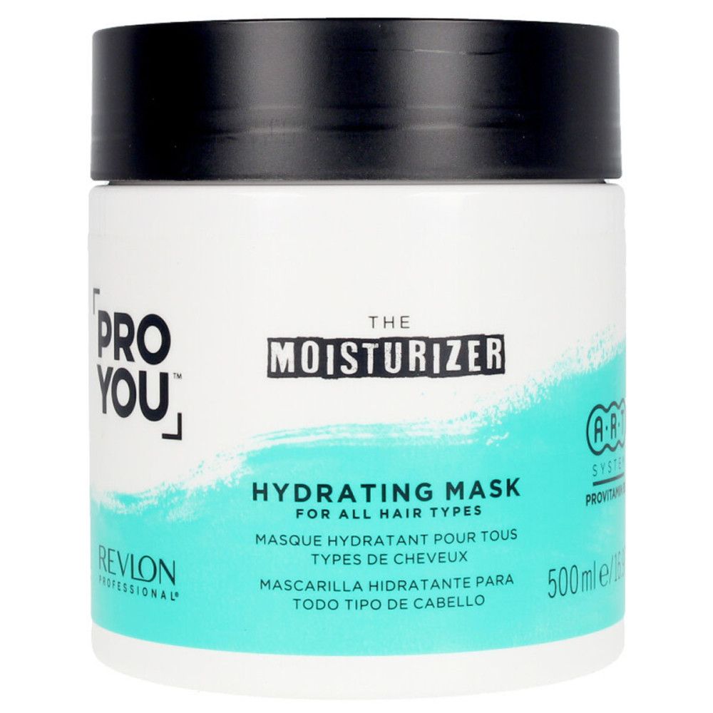Pot blanc, couvercle noir. Inscription: PRO YOU, THE MOISTURIZER, HYDRATING MASK. Fond turquoise. 500ml.