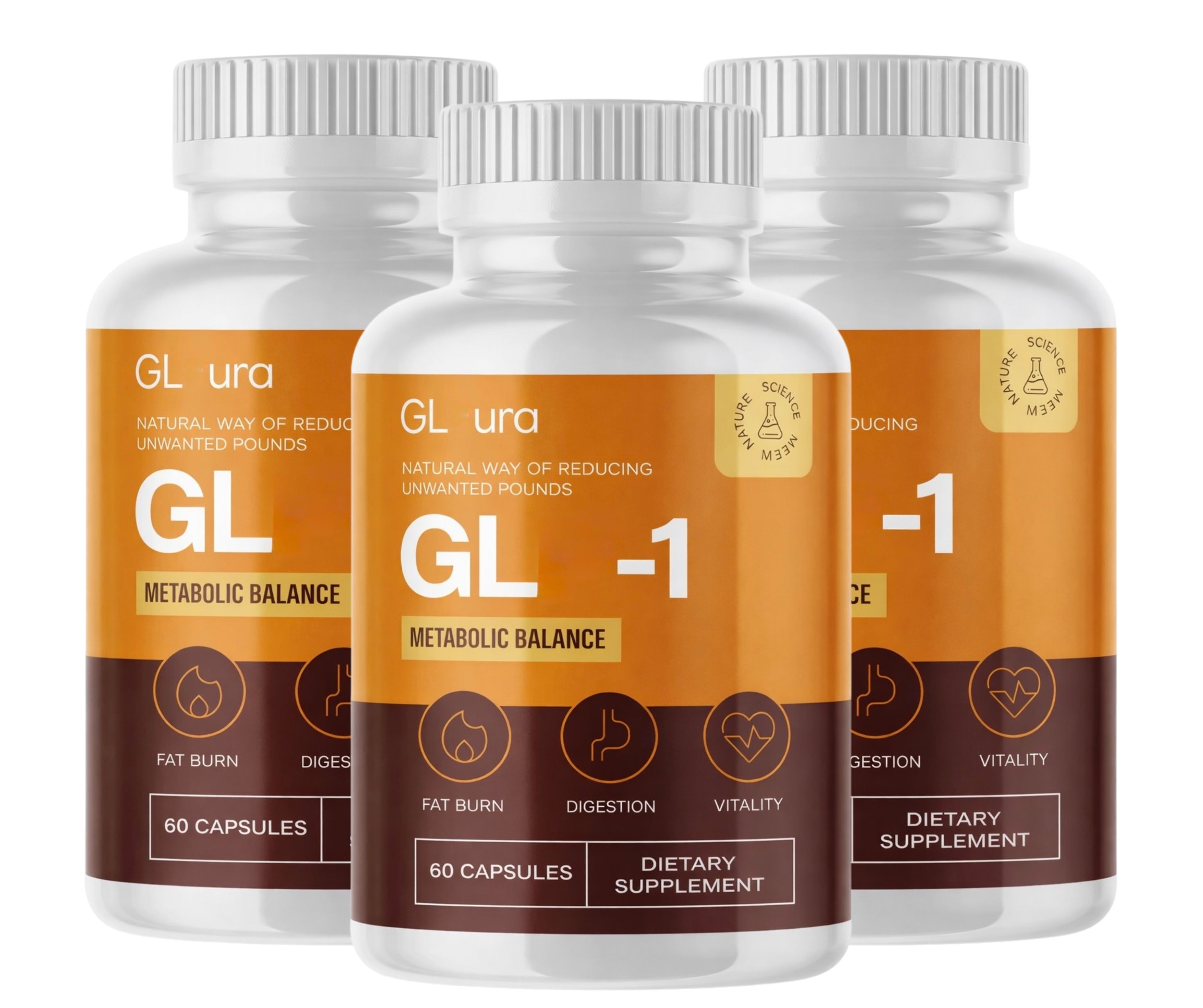 Drie flessen GLura GL-1 voedingssupplementen, 60 capsules per fles. Focus op metabole balans.