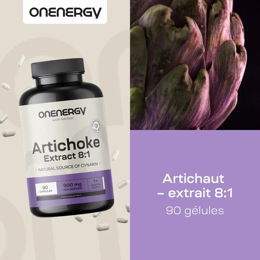 Bouteille d'OnEnergy Artichaut Extrait 8:1 à côté d'un artichaut. 90 gélules.