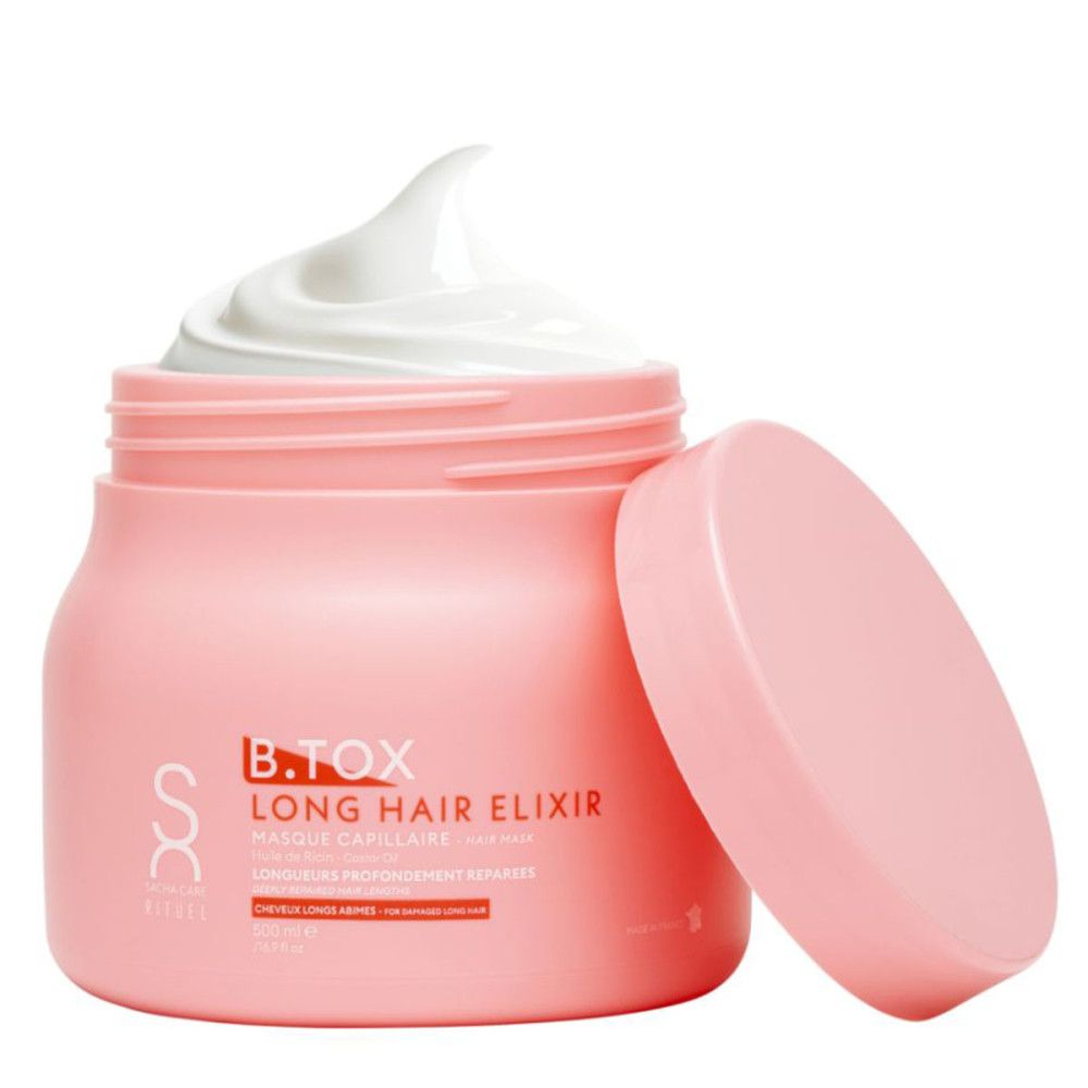 Roze pot met witte crème. Open deksel ernaast. Tekst: B.TOX LONG HAIR ELIXIR. Sacha Care Rituals.
