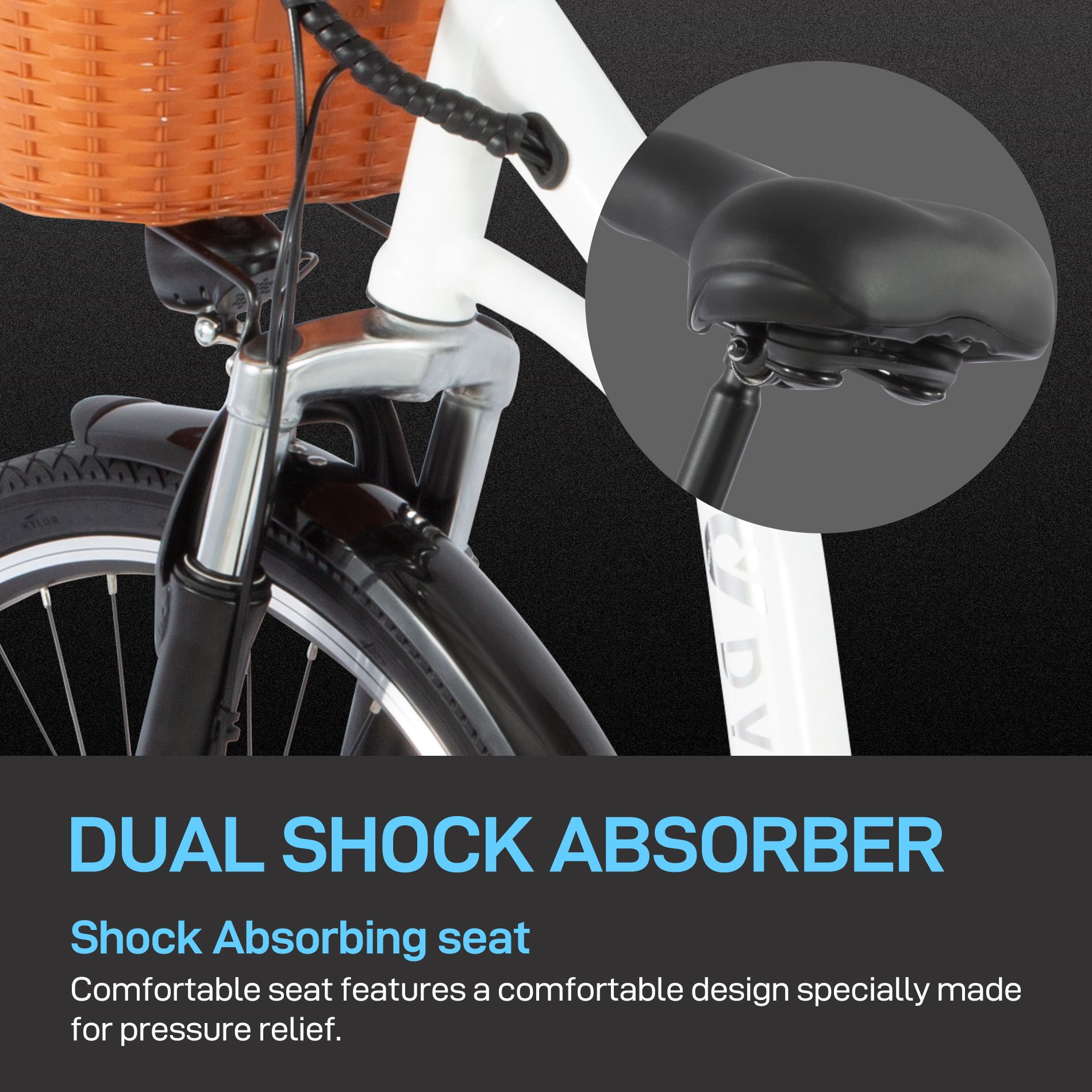 Close-up van fietszadel. Tekst: Dubbele schokdemper, schokabsorberende zitting.