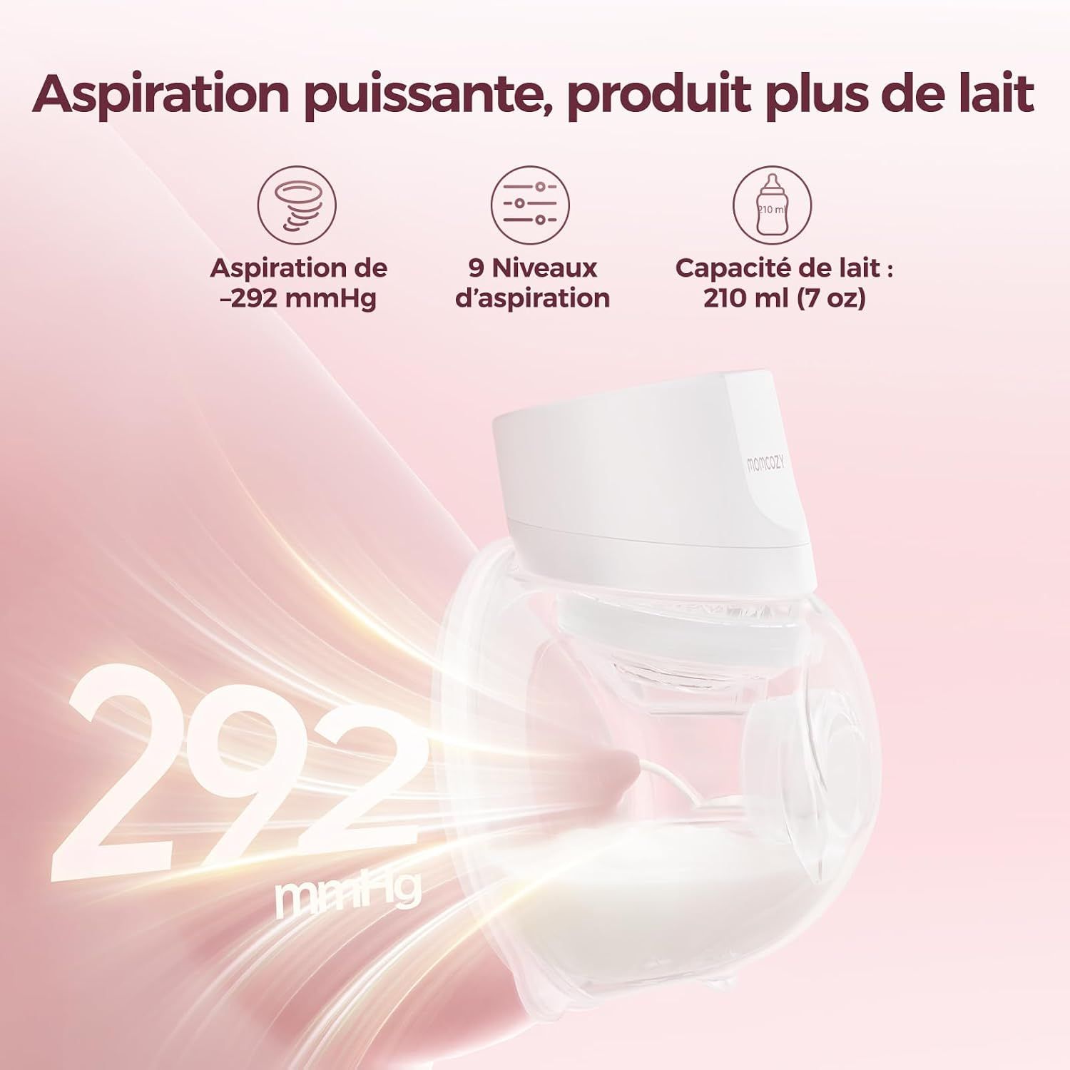 Tire-lait avec aspiration de 292 mmHg, 9 niveaux. Capacité 210 ml.