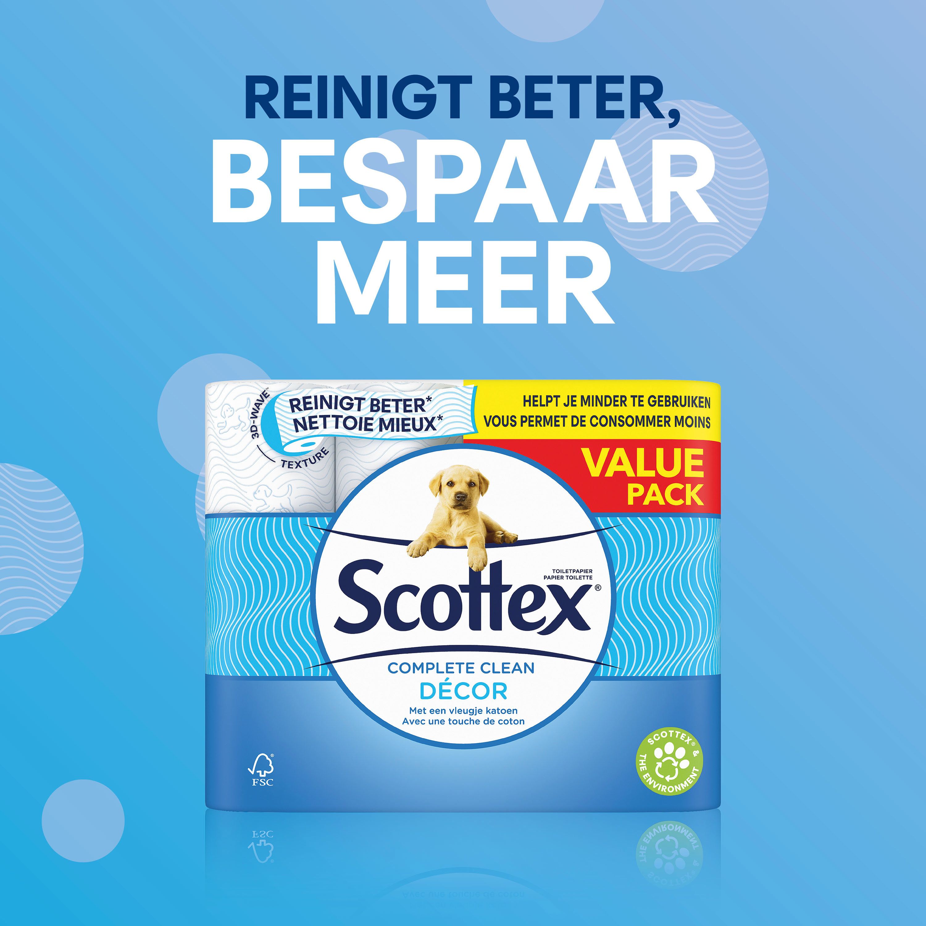 Emballage de papier toilette Scottex Décor. Emballage bleu avec logo, chiot et désignation du produit.