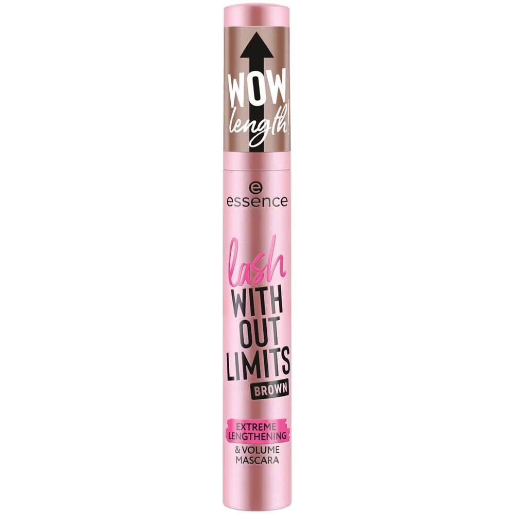 Tube de mascara rose avec flèche noire et inscription "Wow Length". Inscription "Lash Without Limits". Marque : Essence.