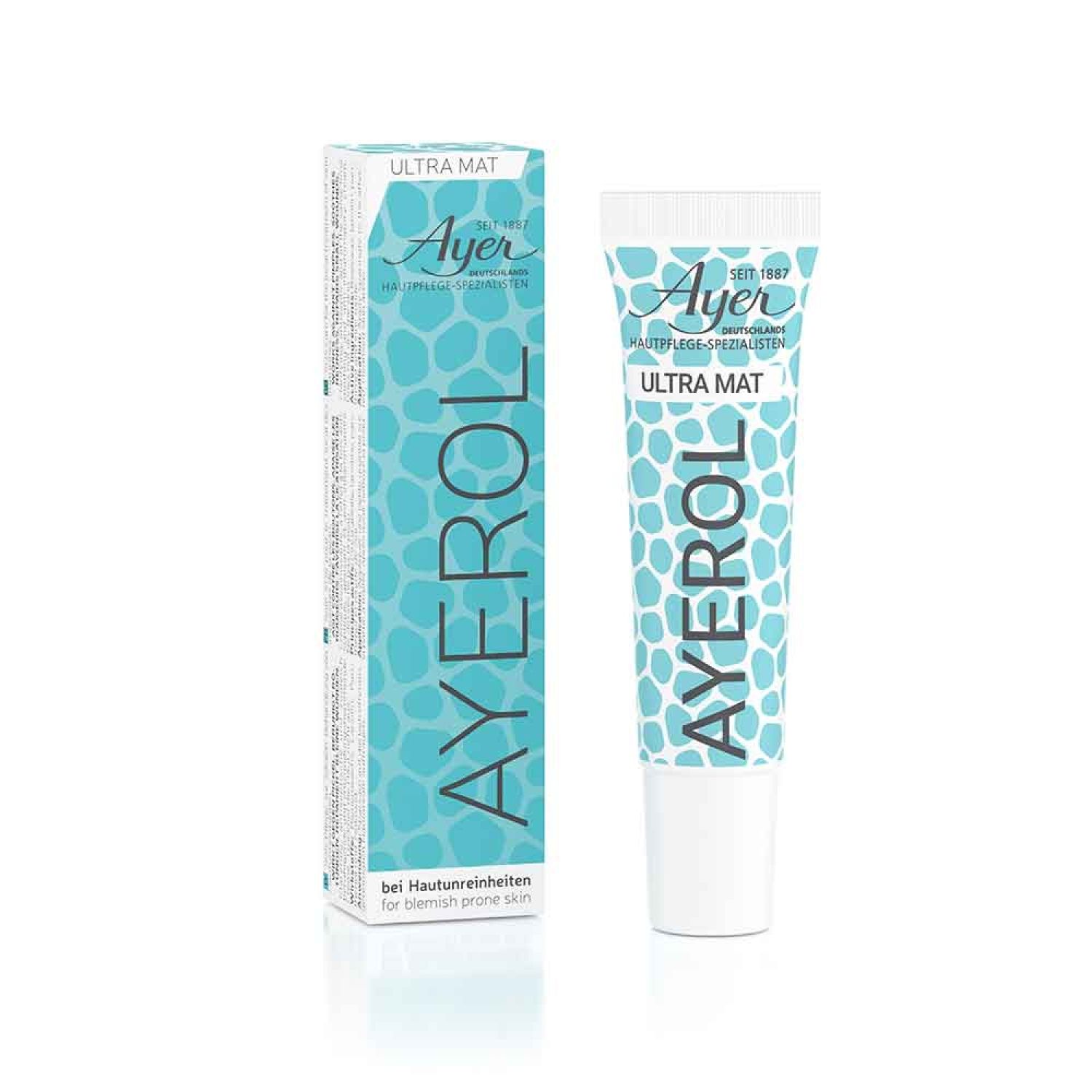 Tube et boîte Ayerol Ultra Mat. Design turquoise et blanc avec nom et logo du produit. Texte: pour peaux à problèmes.