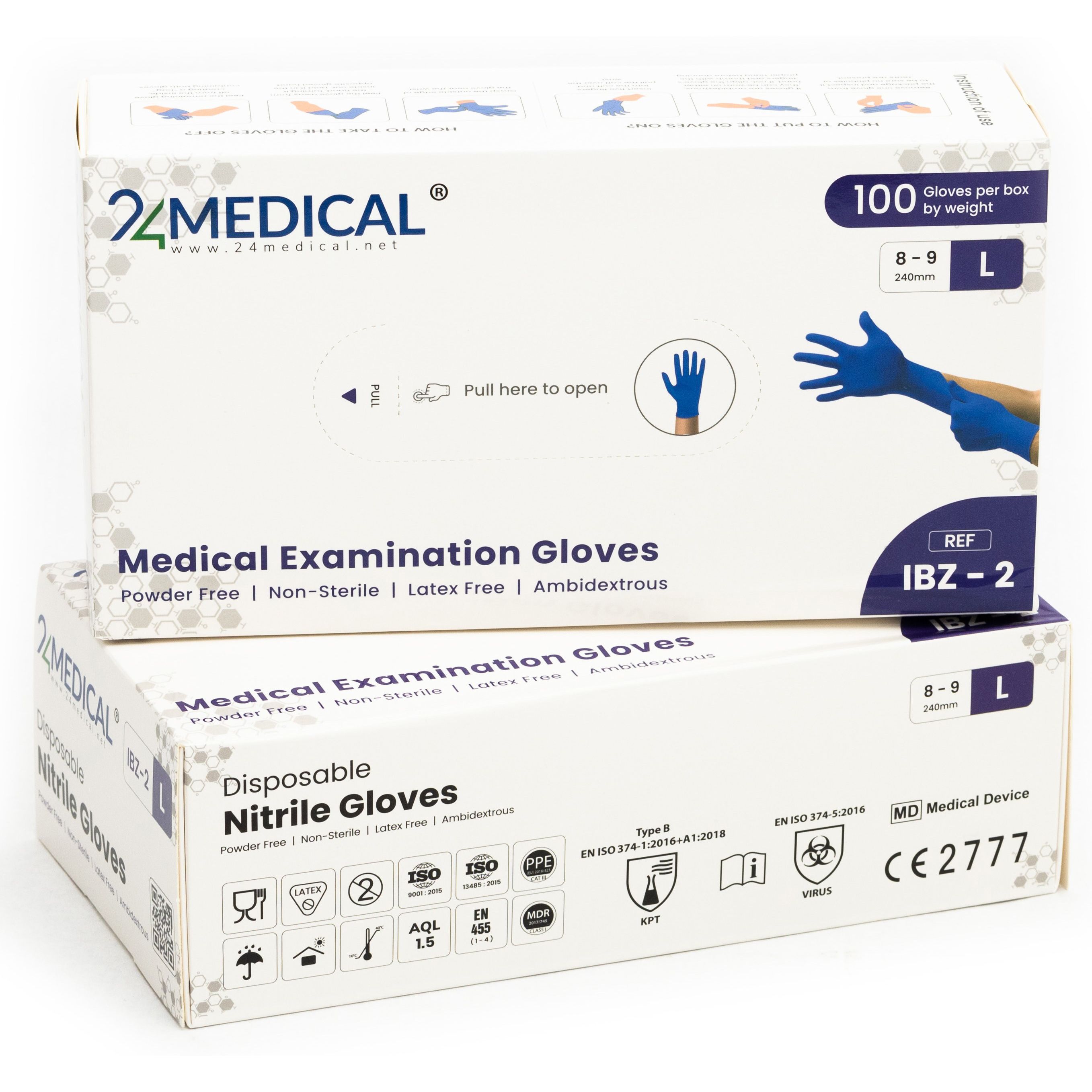 Twee dozen 24MEDICAL IBZ-2 nitril handschoenen, maat L. Opschriften: Medical Examination Gloves, poedervrij, CE-markering, ISO-certificering.