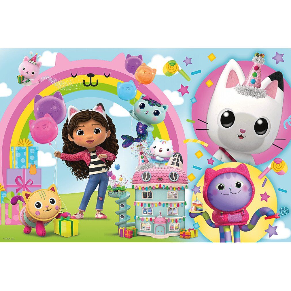 Puzzel met Gabby en kattenfiguren voor een regenboog. Verschillende personages en cadeaus op groene achtergrond.