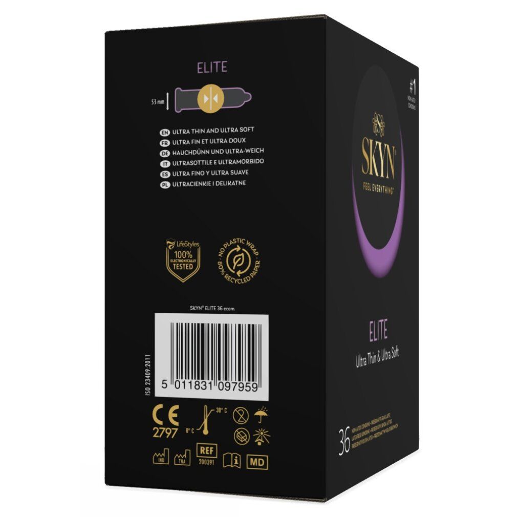 Achterkant verpakking SKYN Elite condooms. Informatie over maat, ingrediënten en certificeringen.