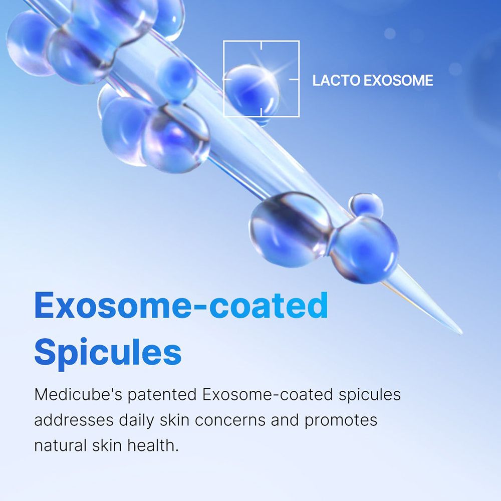 Blauwe bollen met tekst: Exosoom-gecoate Spicules. Beschrijft de ingrediënten.