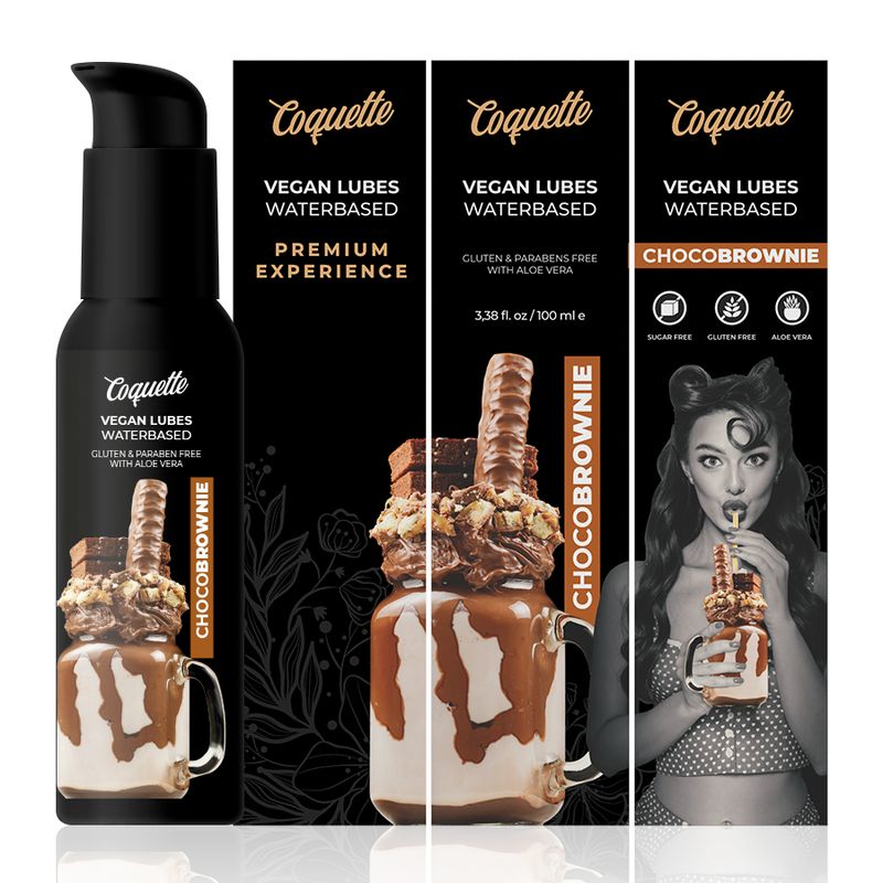 Product met verpakking. Zwarte fles en verpakking. Opschrift: Coquette, Vegan Lubes Waterbased, ChocoBrownie. Afbeelding van een milkshake.