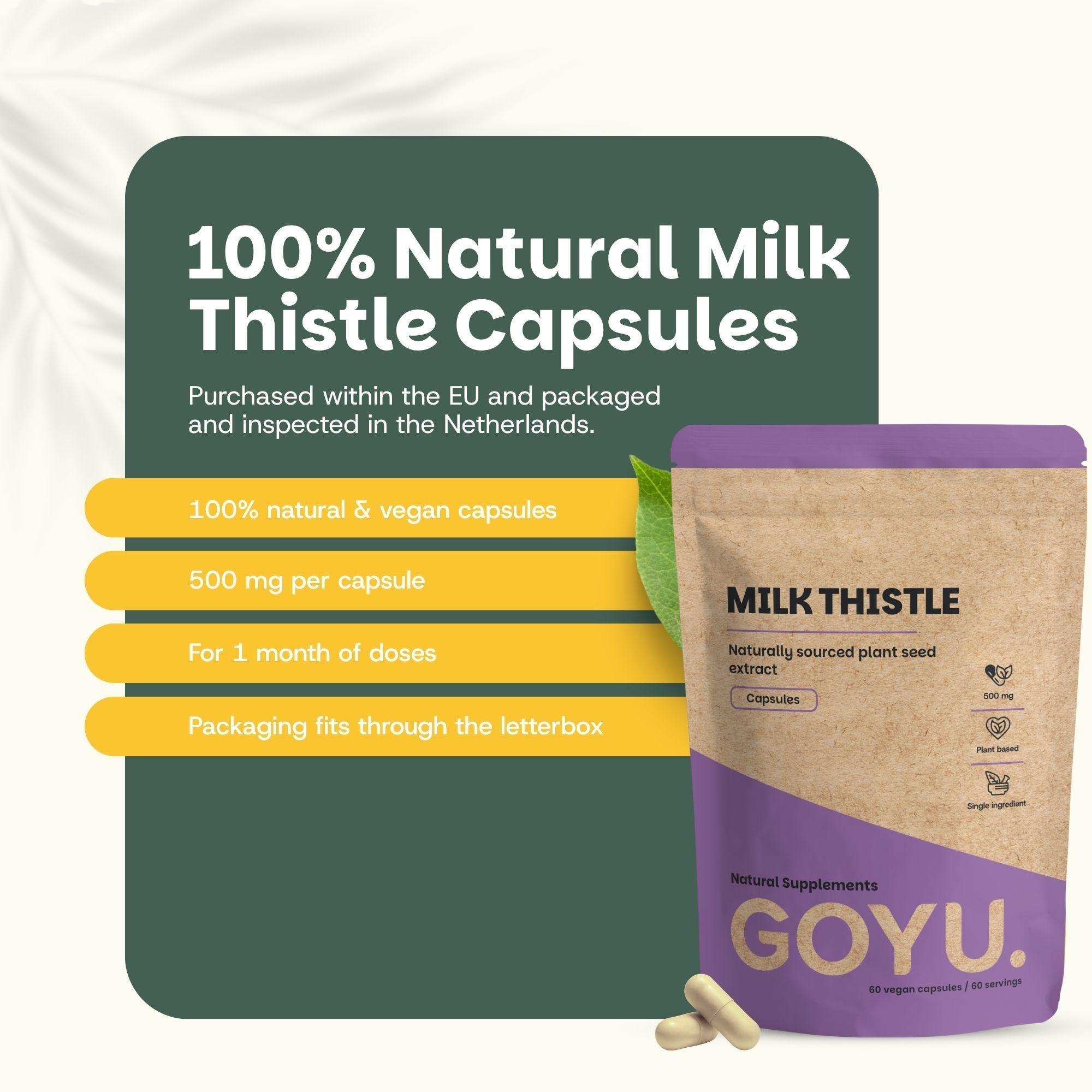 Gélules de chardon-marie 100% naturelles. 500 mg, végétaliennes, 1 mois de doses, emballage boîte aux lettres.