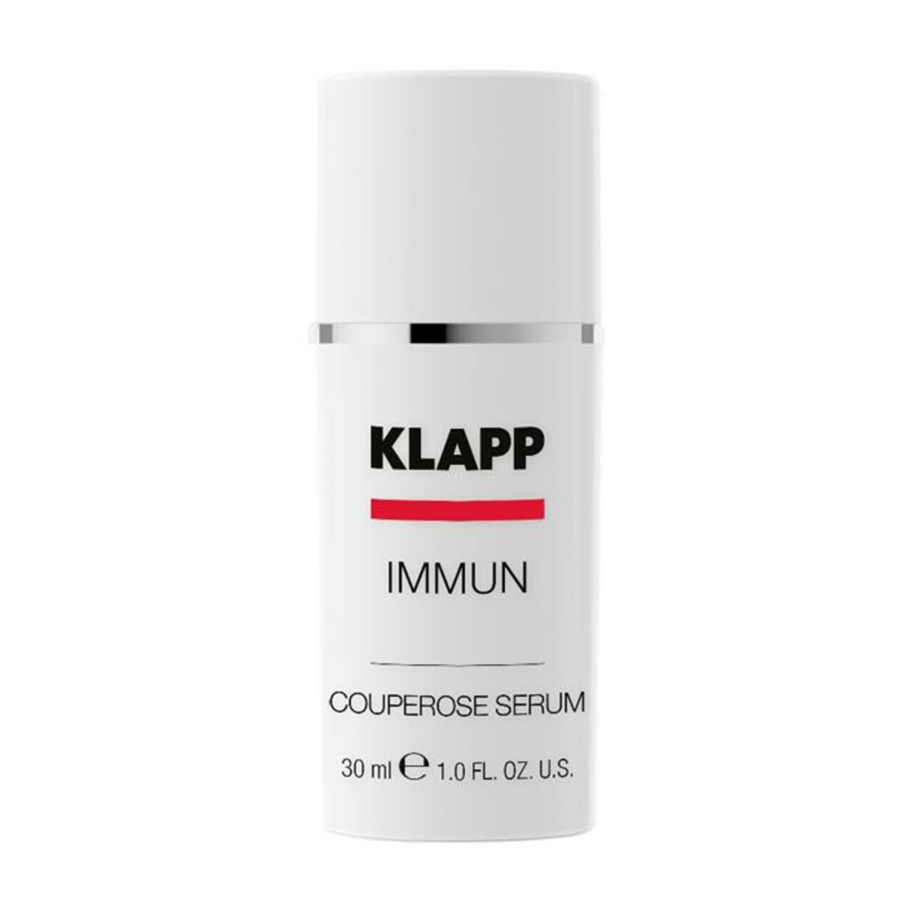 Witte flacon met zilveren ring. Opschrift: KLAPP, Immun, Couperose Serum. Rode balk. 30 ml, 1.0 FL. OZ. U.S.