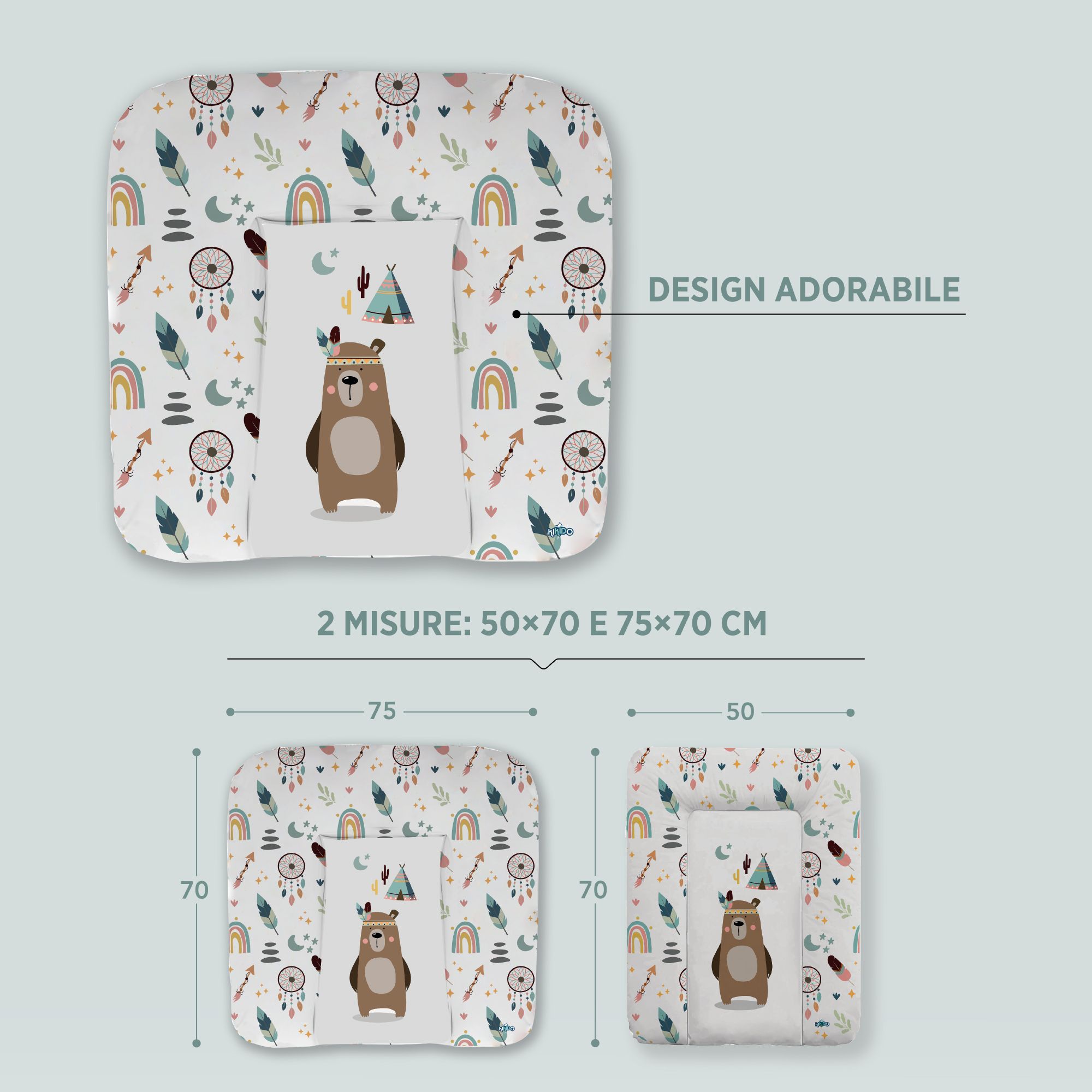 Verschoonkussen met veren, regenboog en dromenvangerpatroon. Twee maten: 50x70 en 75x70 cm. Schattig design.