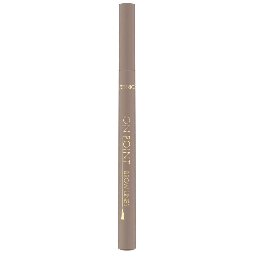 Crayon à sourcils brun moyen. Forme cylindrique, inscription dorée "ON POINT BROW LINER". Marque : Catrice.