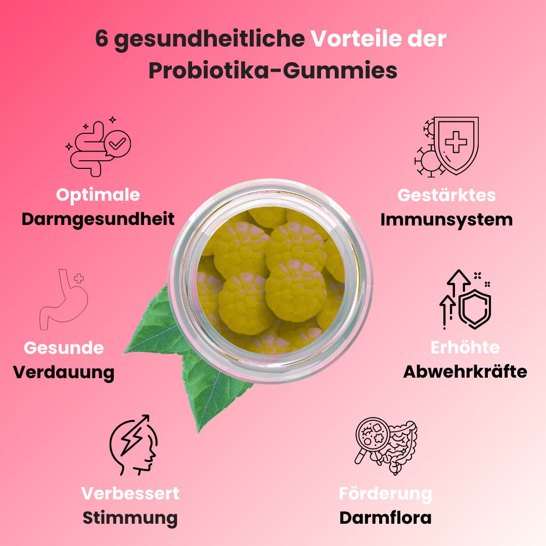Bovenaanzicht van een potje gele gummies. Zes iconen tonen voordelen: darmgezondheid, immuunsysteem, spijsvertering.