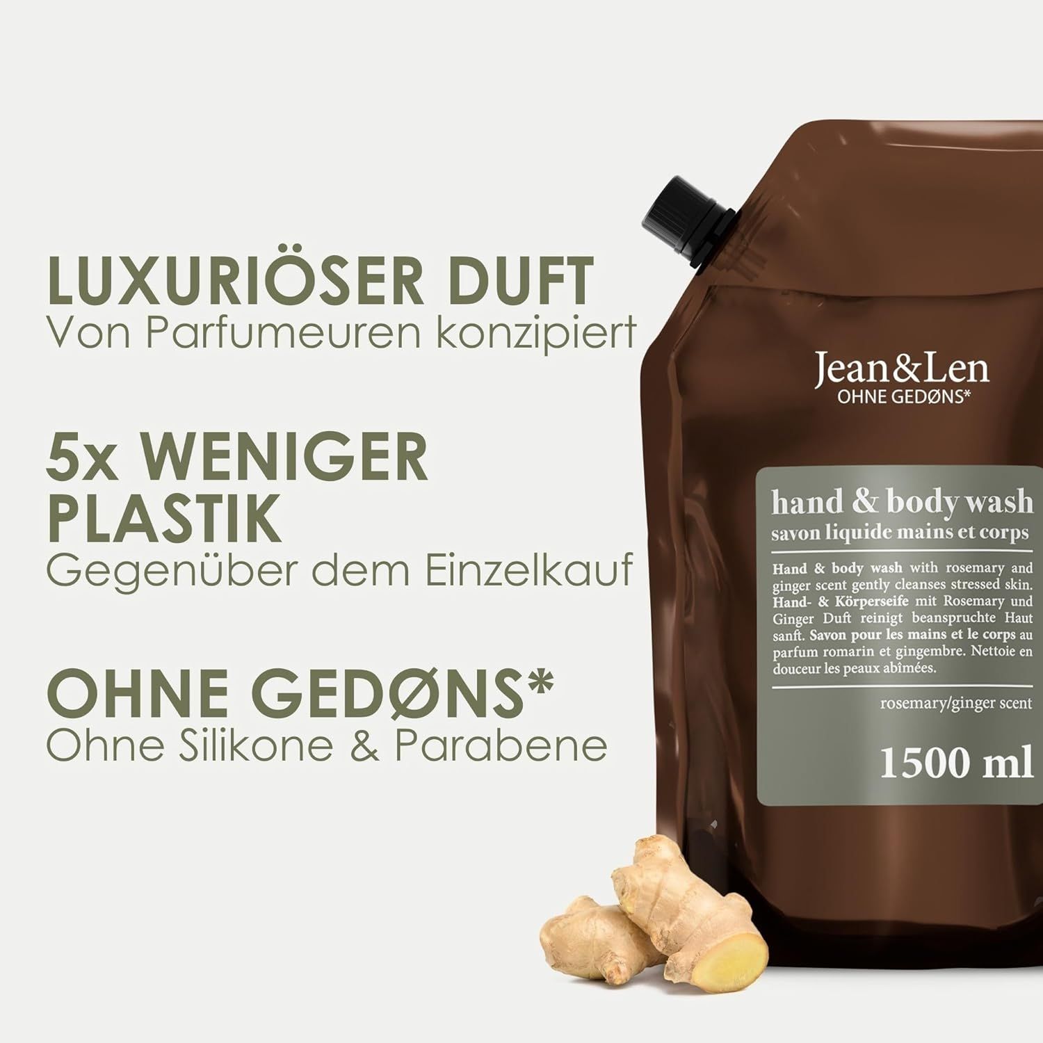 Recharge marron avec bouchon noir. Inscription: Jean & Len, Hand & Body Wash, romarin & gingembre. 1500 ml.