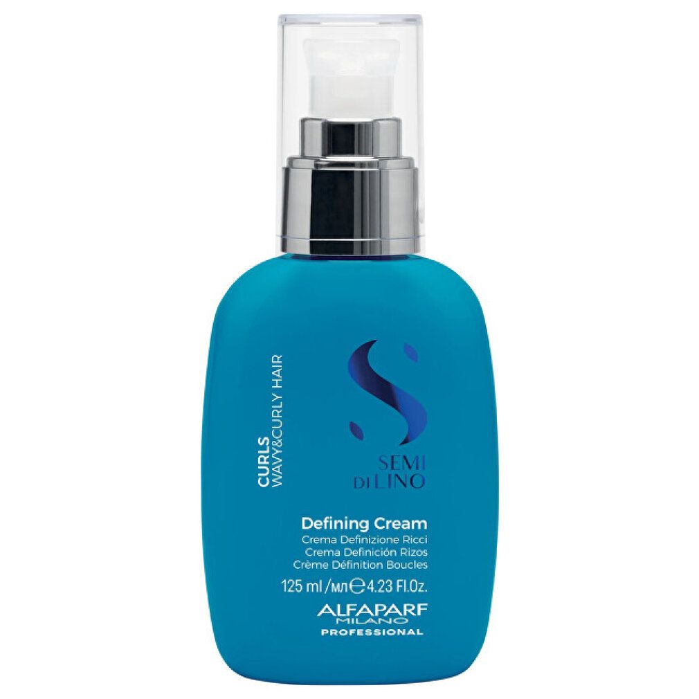 Crème définition Semi di Lino d'Alfaparf Milano pour cheveux ondulés et bouclés, flacon pompe bleu.