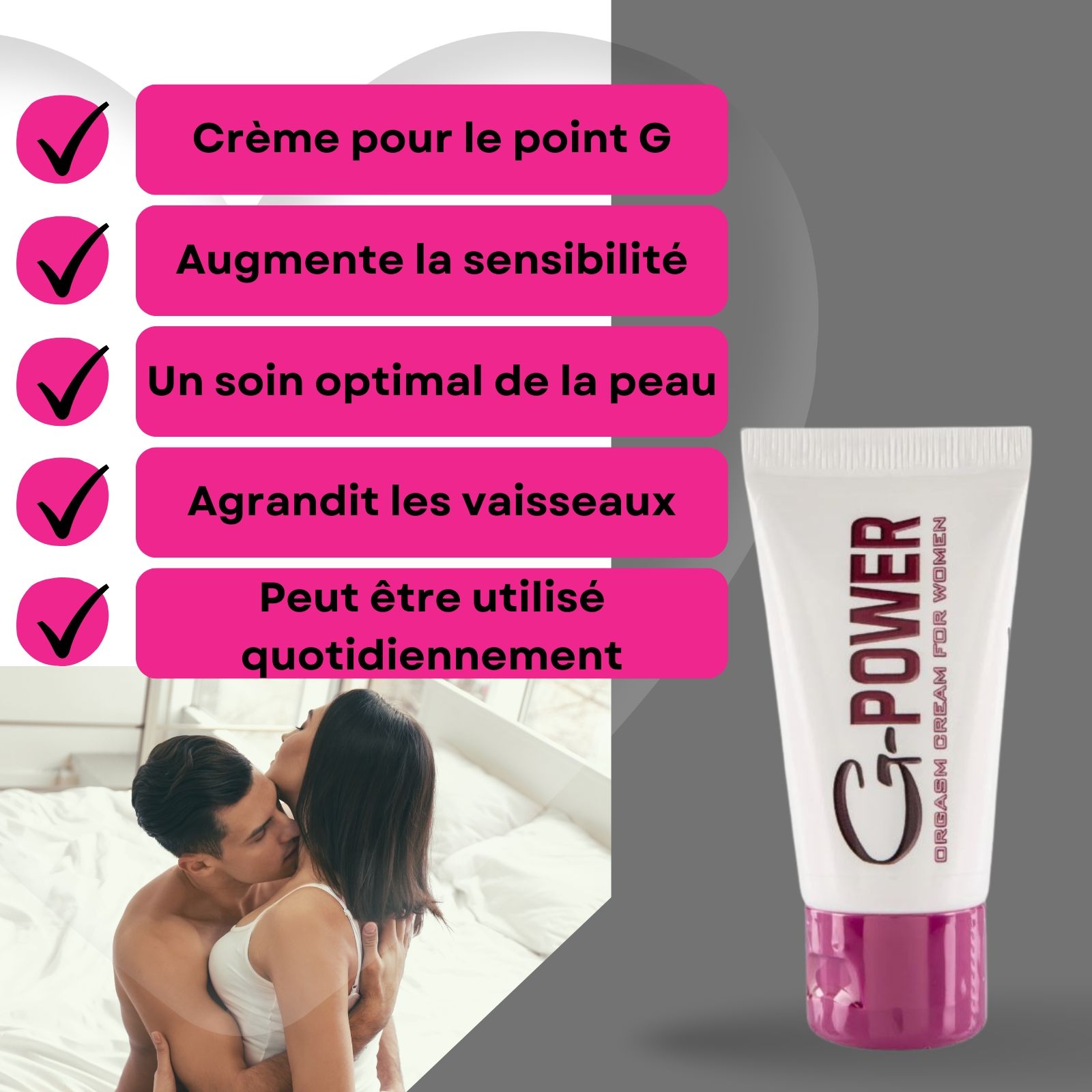 Tube de crème G-POWER. Texte: Crème orgasmique pour femmes. Couleurs rose et blanc. Couple en arrière-plan.