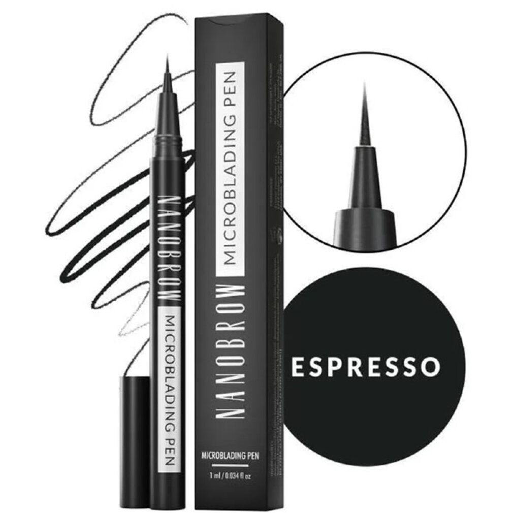 Stylo noir "Nanobrow Microblading Pen". Emballage noir avec nom du produit et "Espresso" dans un cercle.