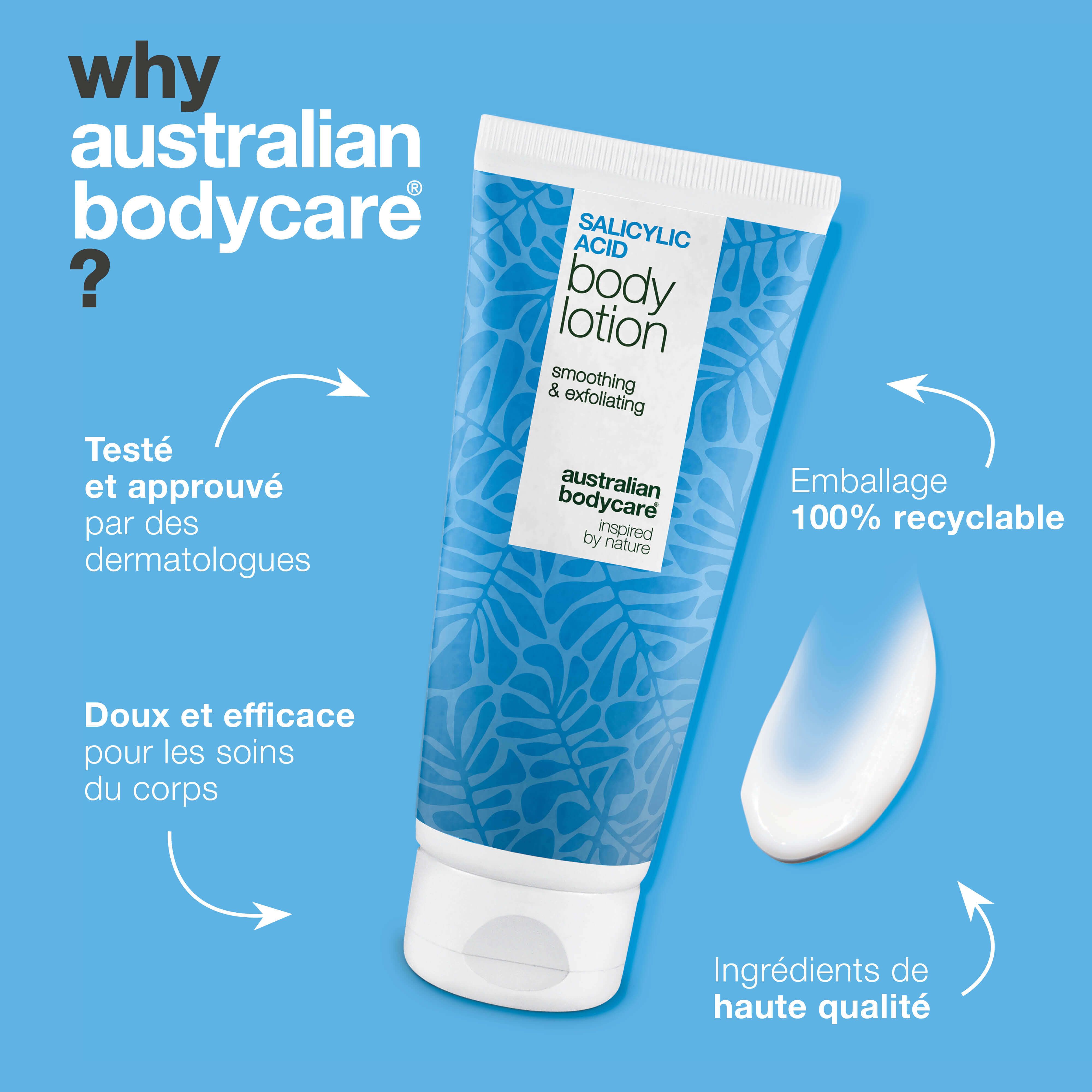 Publicité. Tube de lotion pour le corps à l'acide salicylique. Texte : testé, emballage 100% recyclable, ingrédients de haute qualité.