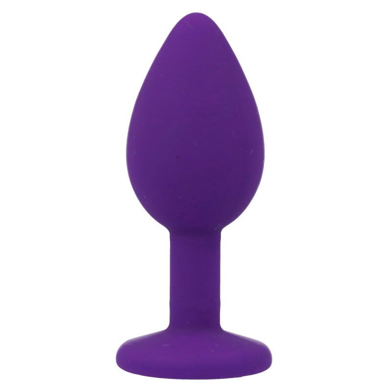 Plug anal violet en silicone avec une large bride, vue de face.