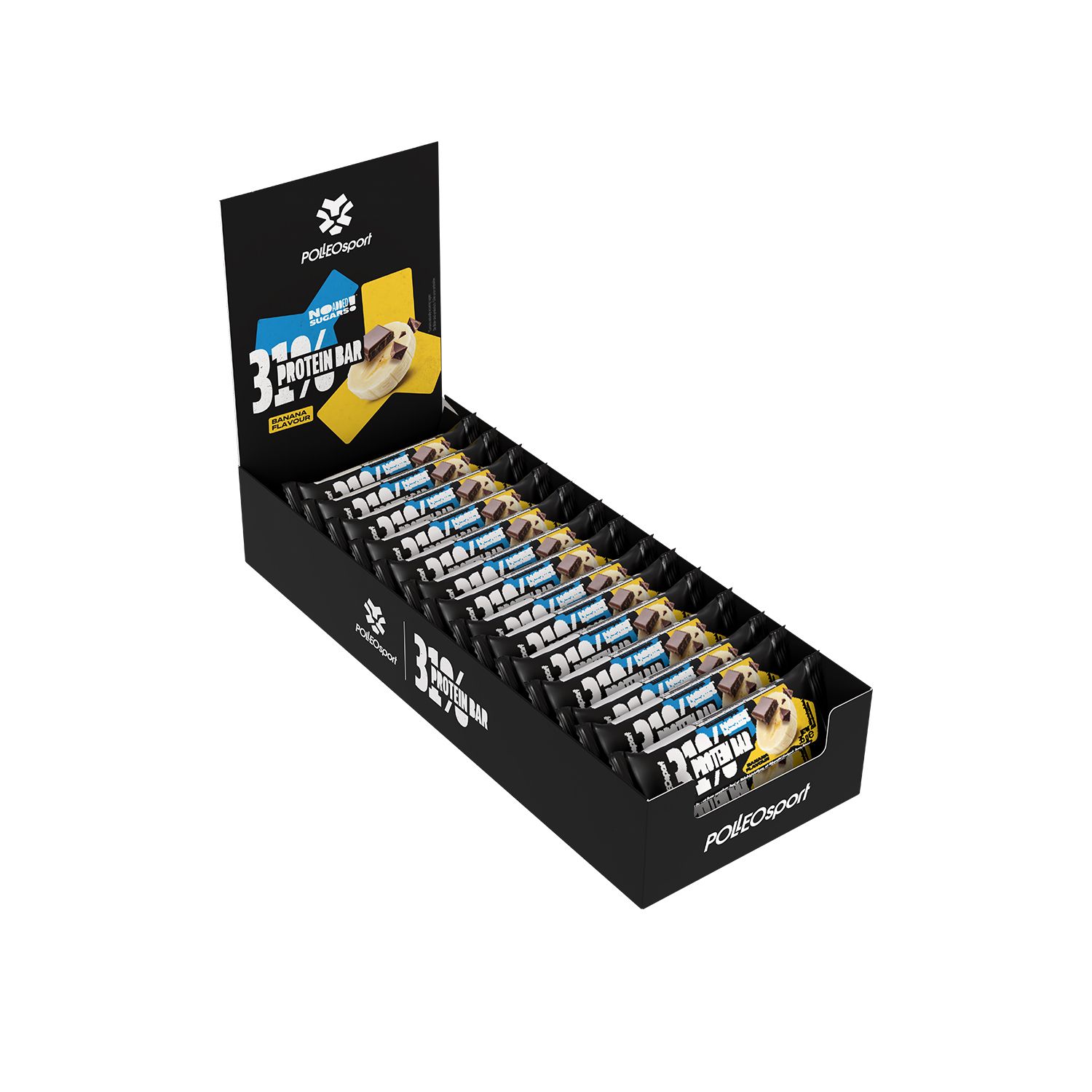 Boîte noire de barres protéinées. Inscription : PolleoSport, 31% Protein Bar. Présentoir avec barres en rangées.