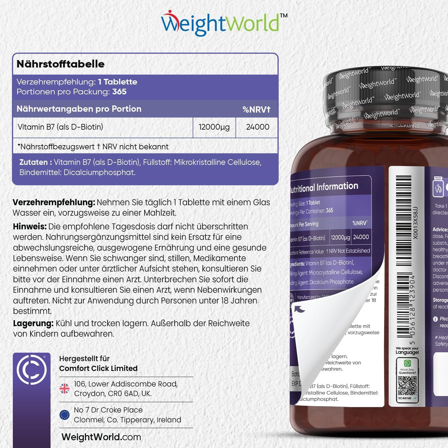 Achterkant van de BIOTINE fles. Tekst: Voedingstabel, aanbevolen dosering, ingrediënten. QR-code en adres.