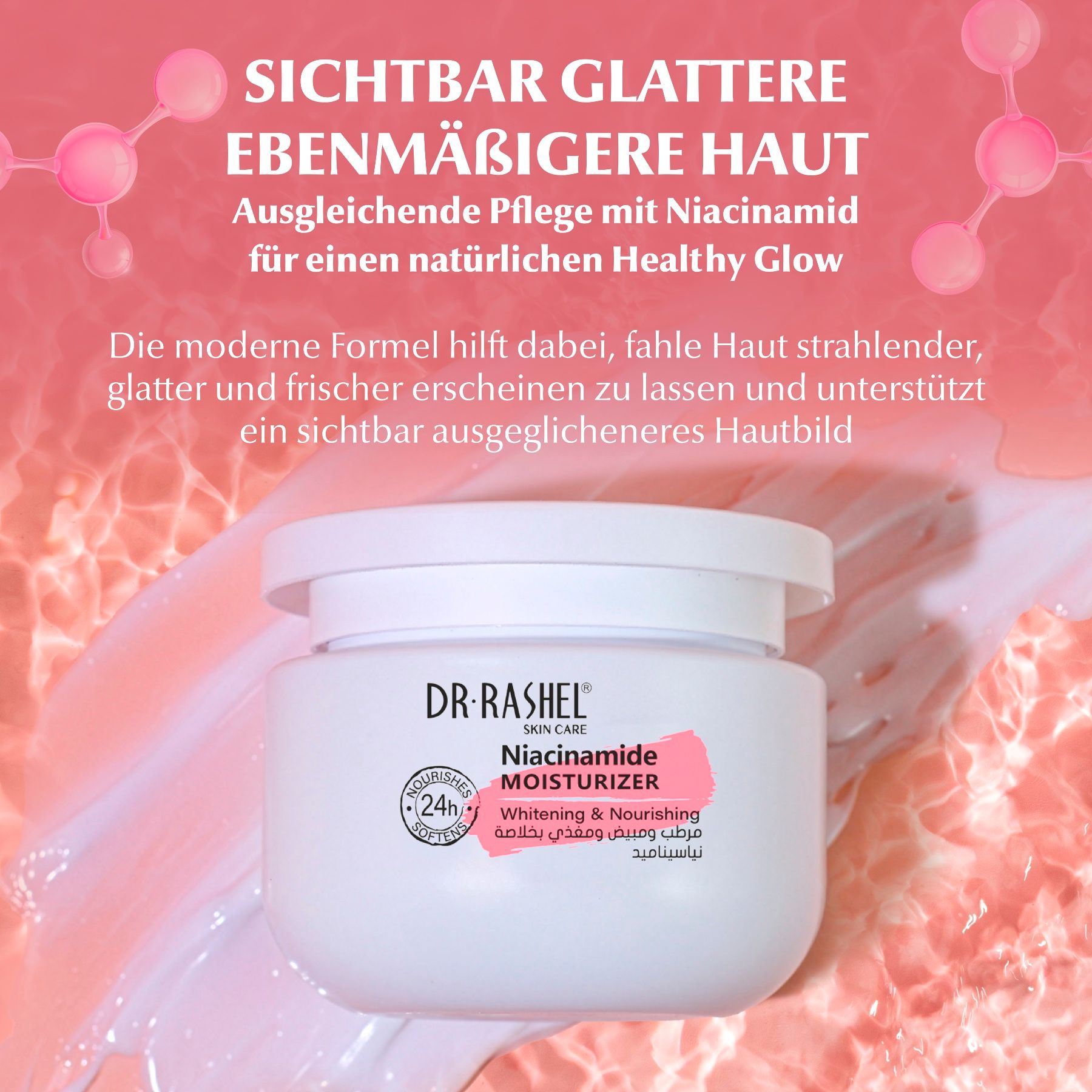 Crème hydratante Dr. Rashel Niacinamide dans un pot blanc avec des accents roses.