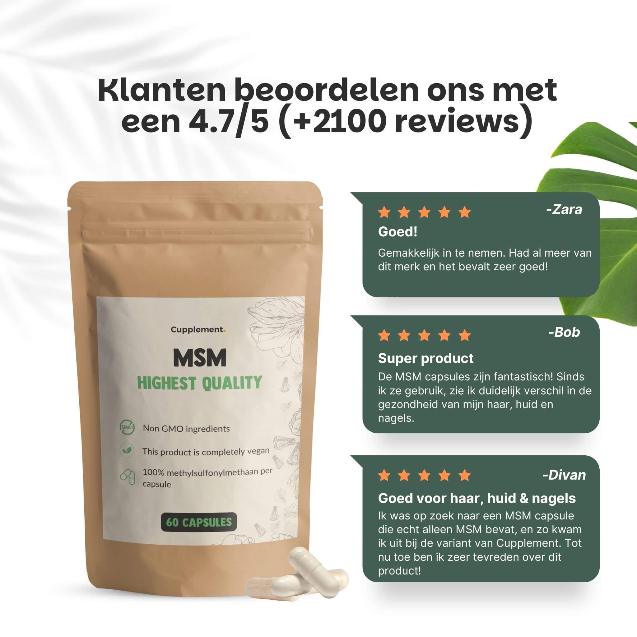 Zakje met MSM-capsules. Tekst: Cupplement, MSM, Highest Quality, 60 capsules. Klantenbeoordelingen. Twee capsules ernaast.