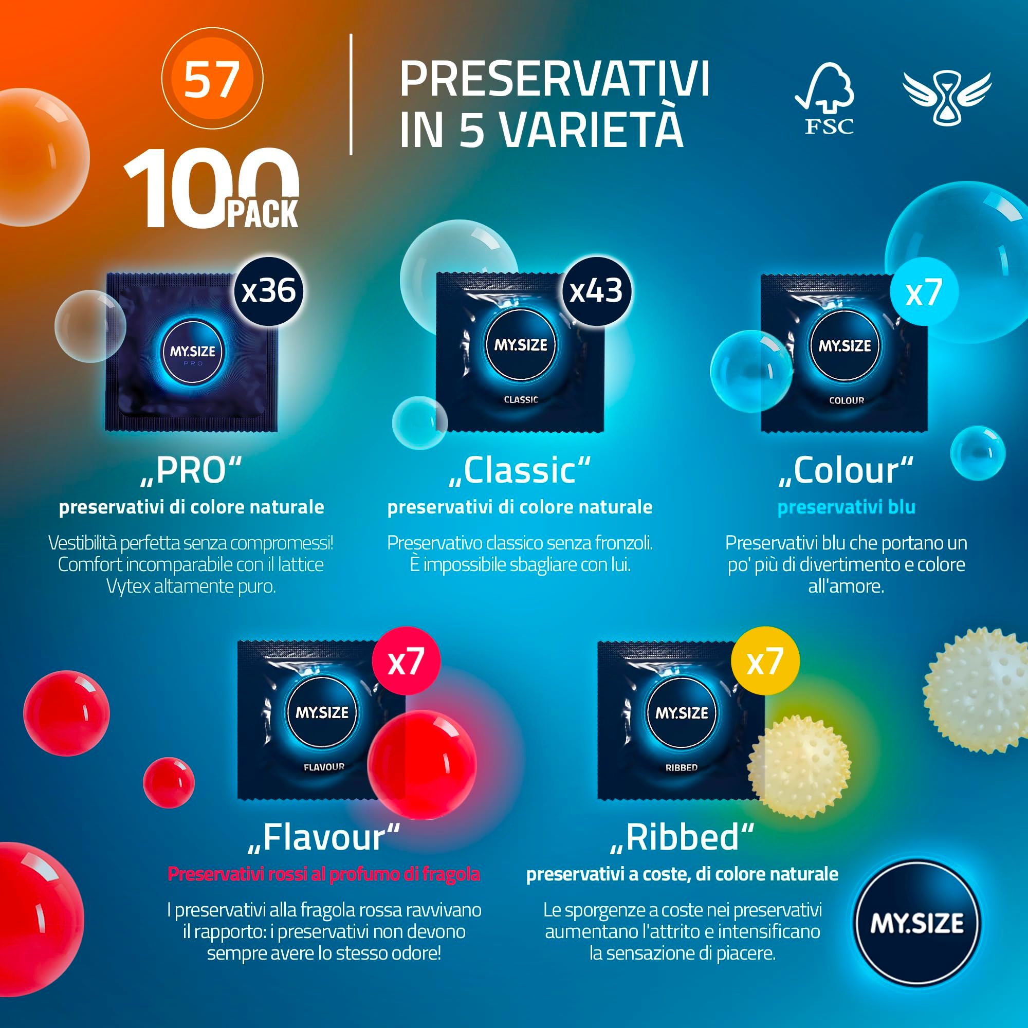 Pack de 100 préservatifs en 5 variétés : Pro, Classic, Colour, Flavour, Ribbed.