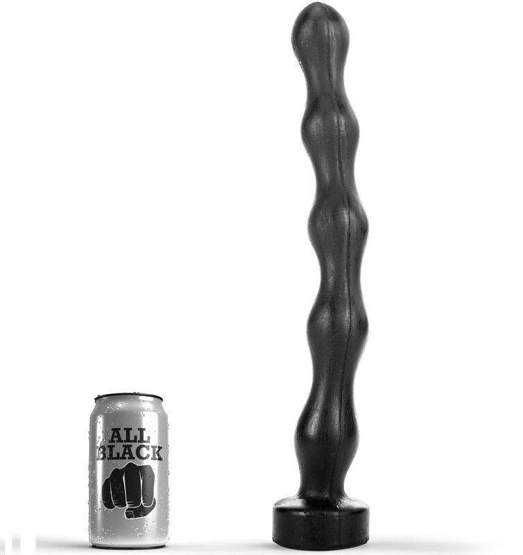 Dildo noir avec un design ondulé, à côté d'une canette pour indication de taille.