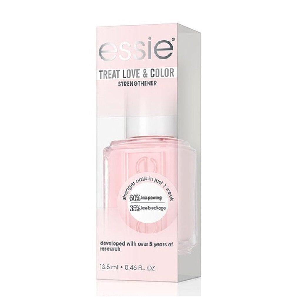 Vernis à ongles Essie Treat Love & Color en emballage. Flacon rose avec bouchon blanc. Inscription : stronger nails in just 1 week.