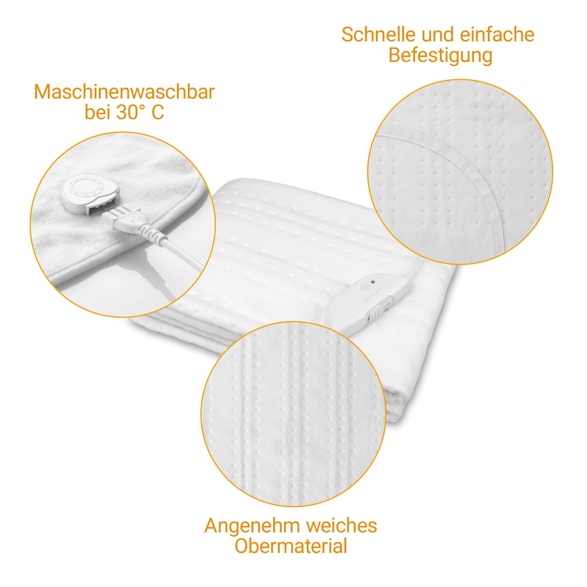 Vues détaillées : élément de commande, lavable en machine à 30°C, fixation rapide, tissu supérieur doux.