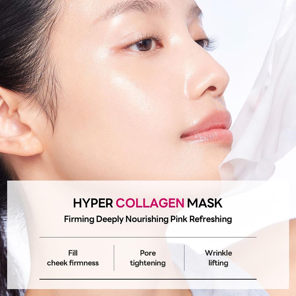 Vrouwengezicht met Hyper Collagen masker. Tekst: Verstevigend, Diep voedend, Roze, Verfrissend. Voordelen: stevigheid wangen, poriënverkleining, rimpelvermindering.