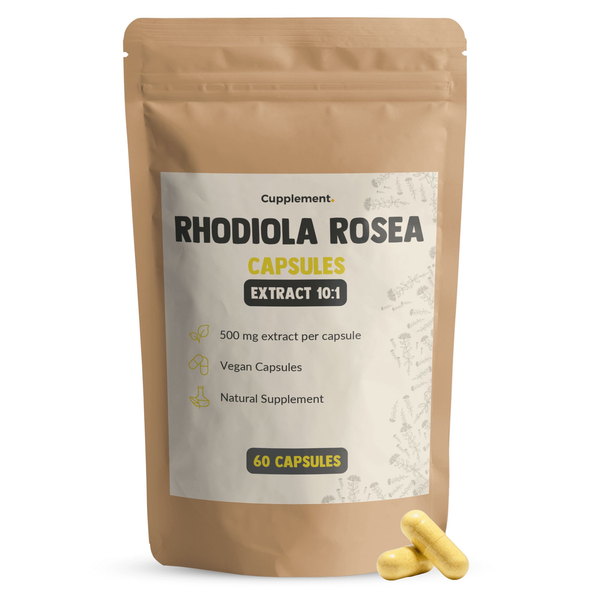 Zakje met capsules. Opschrift: Rhodiola Rosea, 500 mg extract per capsule, vegan, 60 capsules. Twee capsules ernaast.