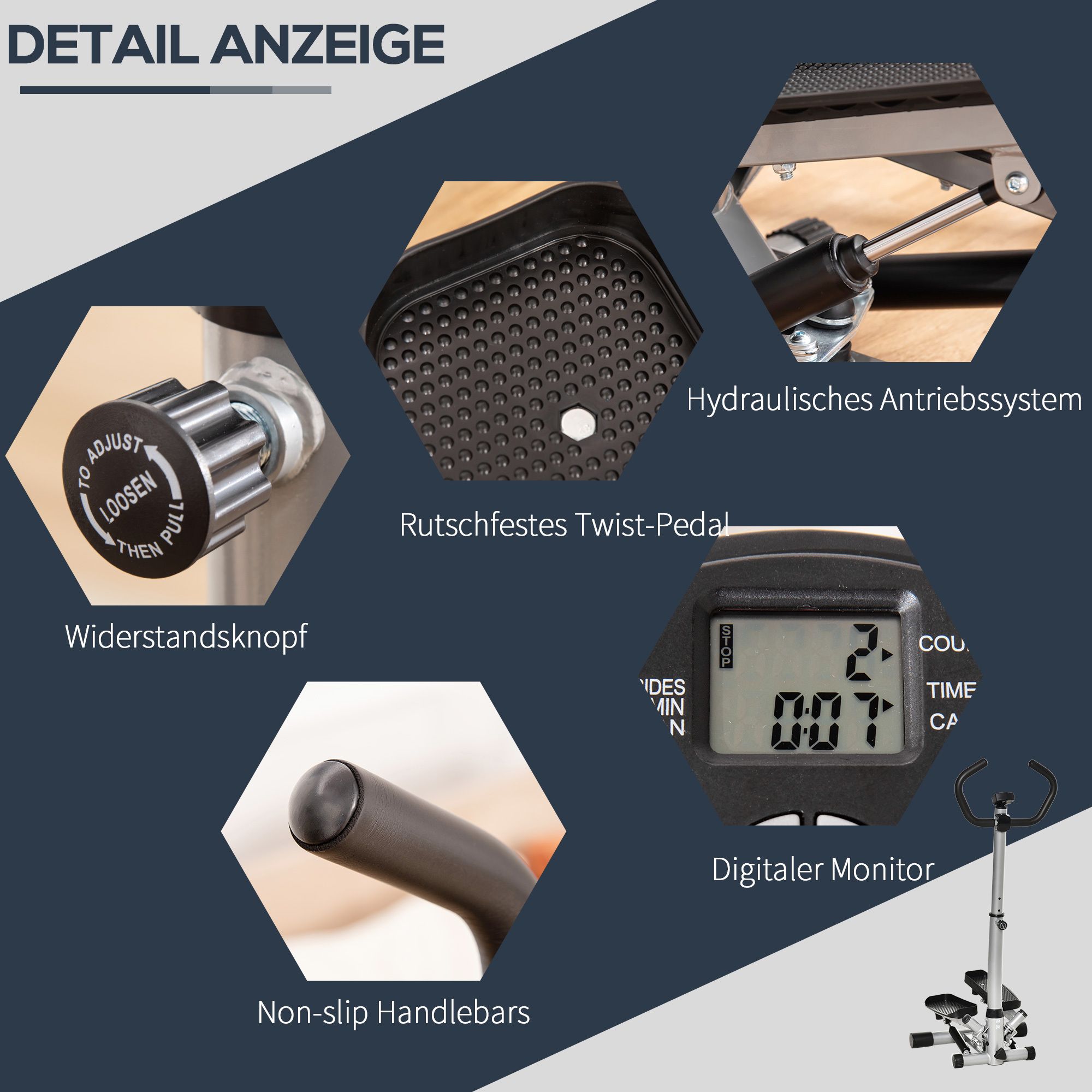 Detailweergave van de stepper. Weerstandsknop, antislip twistpedaal, digitale monitor, antislip stuur. Hydraulisch aandrijfsysteem.