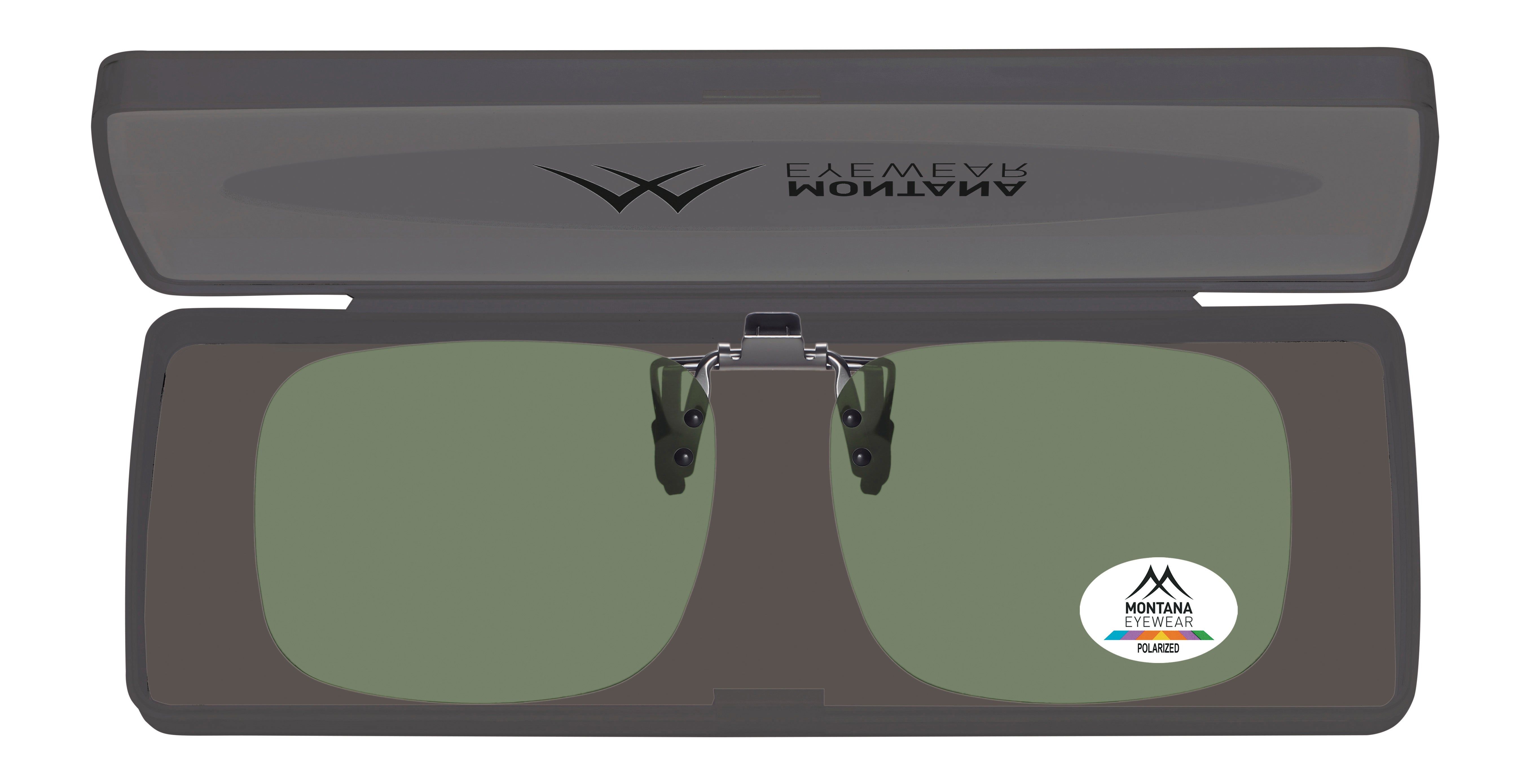Lunettes de soleil clip-on dans un étui. Logo "MONTANA EYEWEAR POLARIZED". Étui avec logo.