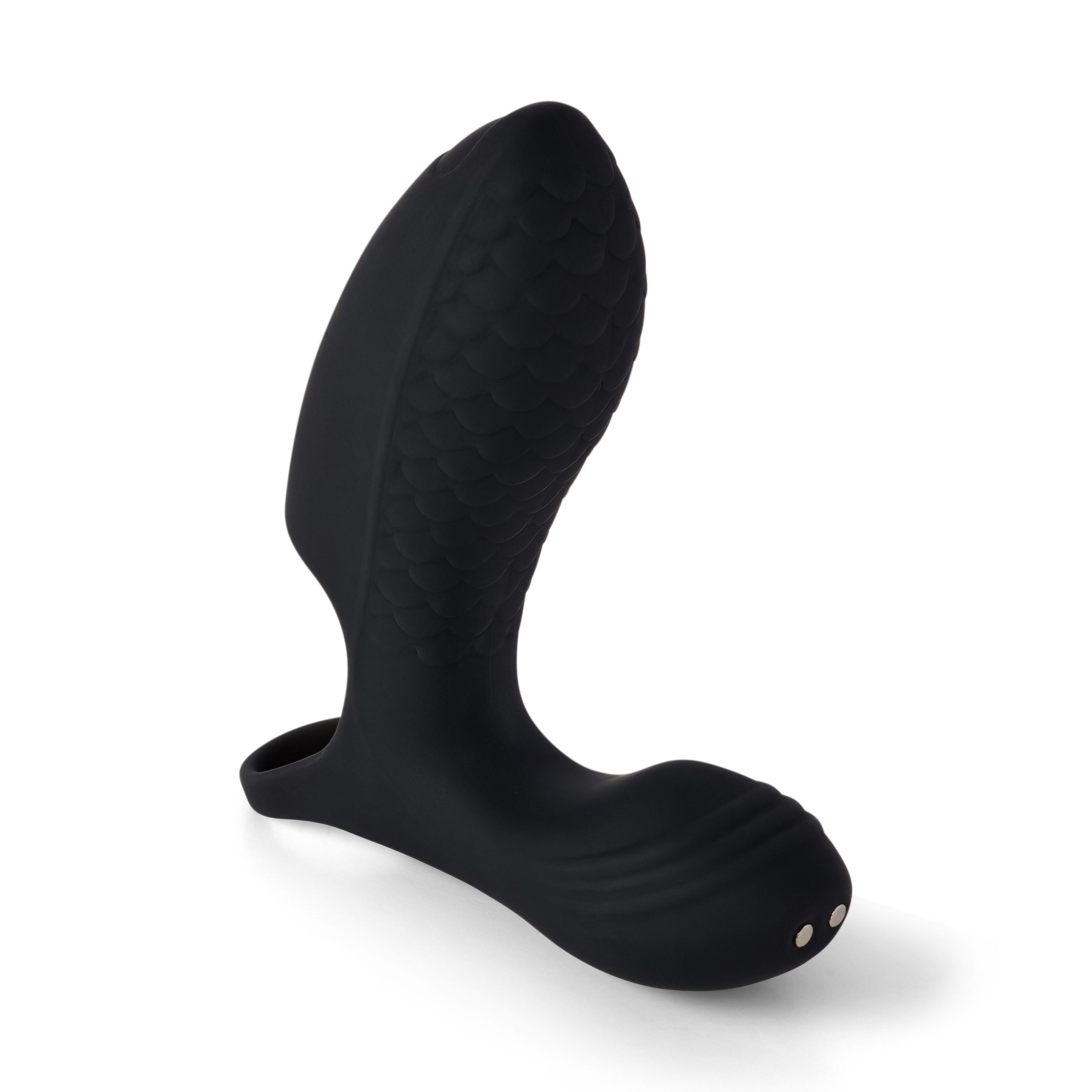 Produit de bien-être noir avec surface texturée et anneau. Deux boutons à la base. Sur fond blanc.